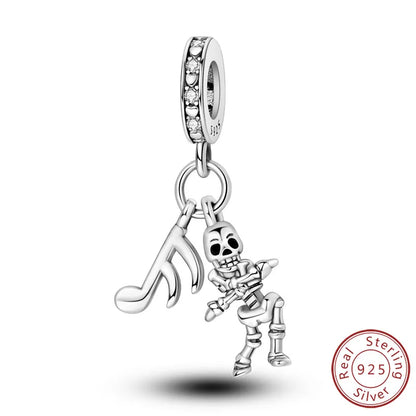 925 sterling silver Halloween charm bead with a smiling skeleton dancing pose