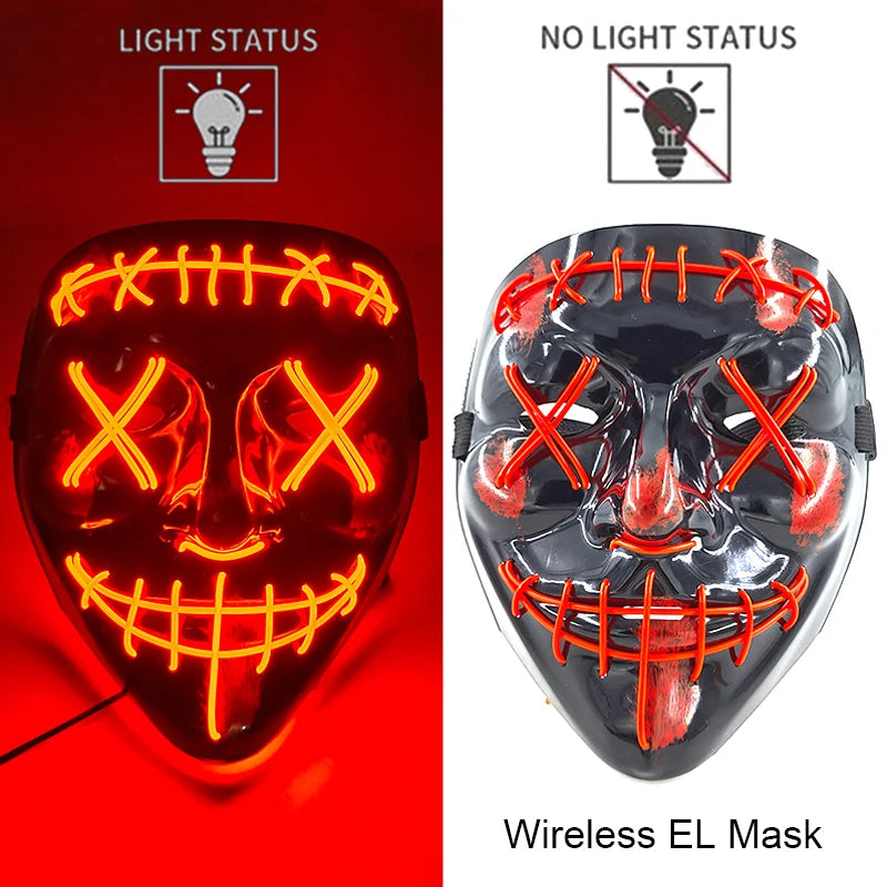 Neon LED purge mask with red glowing eyes, nose, and grid stitched mouth