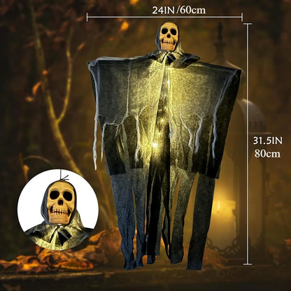Glowing skeleton gauze hanging ghost decoration with illuminated skull and drape