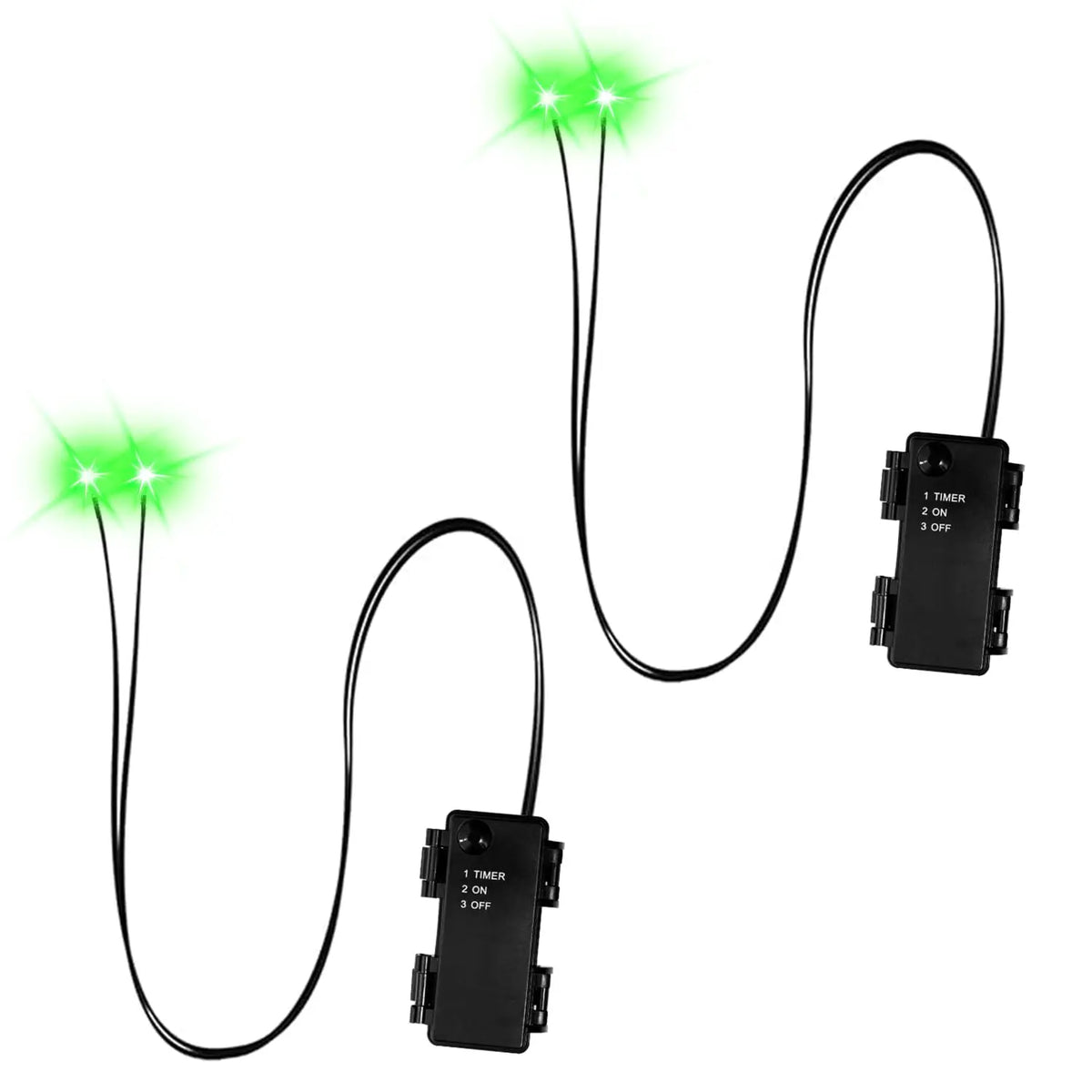 LED glowing eyes prop set: two green eye lights with wires and timer boxes
