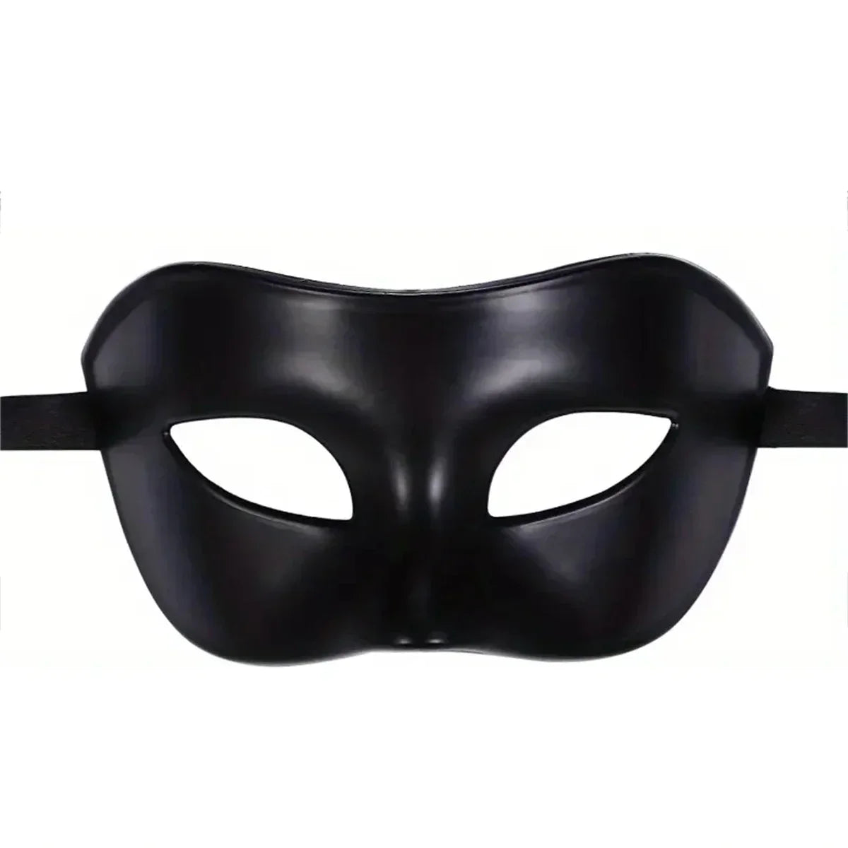 Black molded masquerade eye mask with curved shape and cutout eye openings