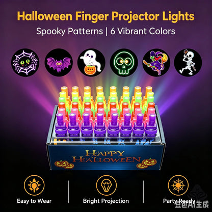 Halloween finger projector lights in a boxed set with glowing patterns and icons