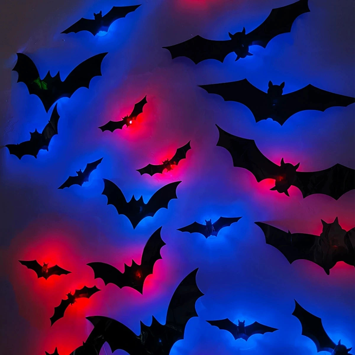 Black bat wall decals with blue and red LED glow, bat silhouettes on wall