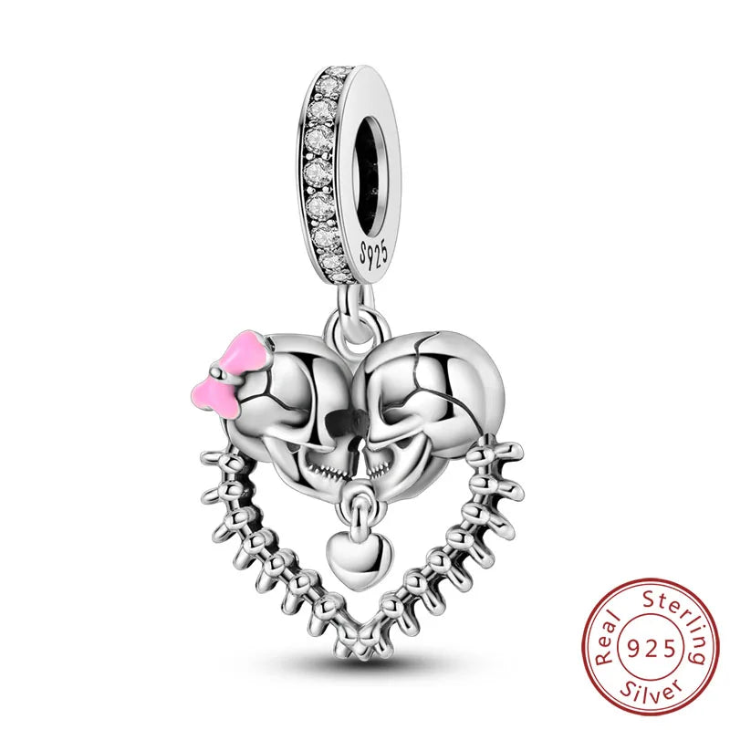 925 sterling silver skull charm bead with crystal band and pink ear detail