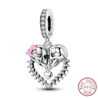 925 sterling silver skull charm bead with crystal band and pink ear detail
