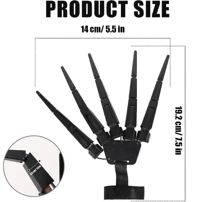Black articulated finger claw prop with measurement diagram and finger spike length