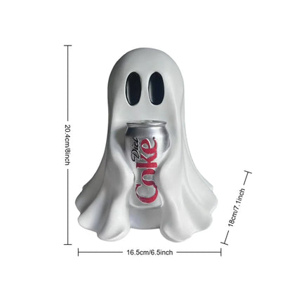 White ghost resin statue holding a silver soda can with red label with size dimensions.