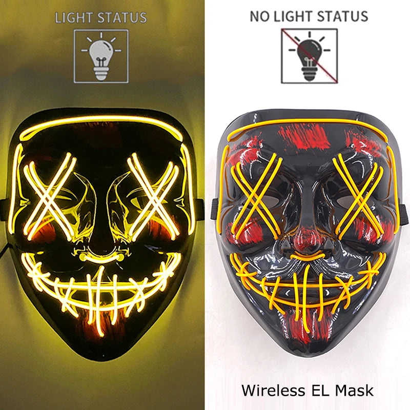 Wireless EL LED purge mask with yellow neon face outline and grin lines