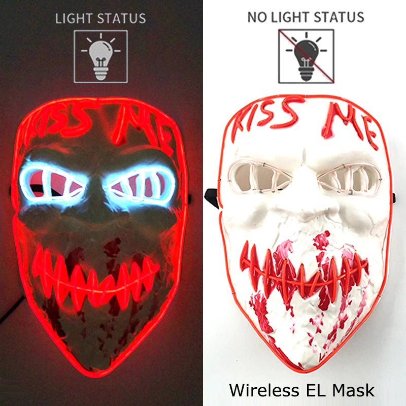 Neon LED light-up EL purge mask, red glowing outlines on a dark face