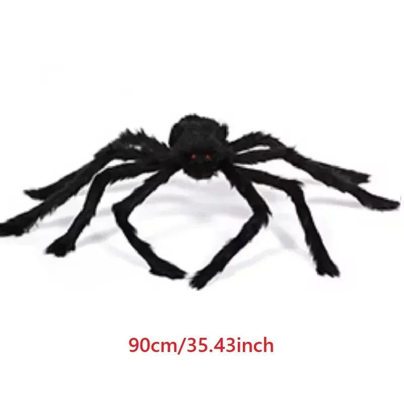 90cm plush black spider decoration with fuzzy legs and glowing red eyes