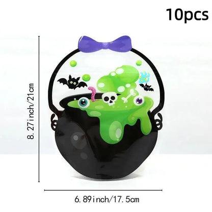 Halloween zipper candy bag, black with green slime art and purple bow top