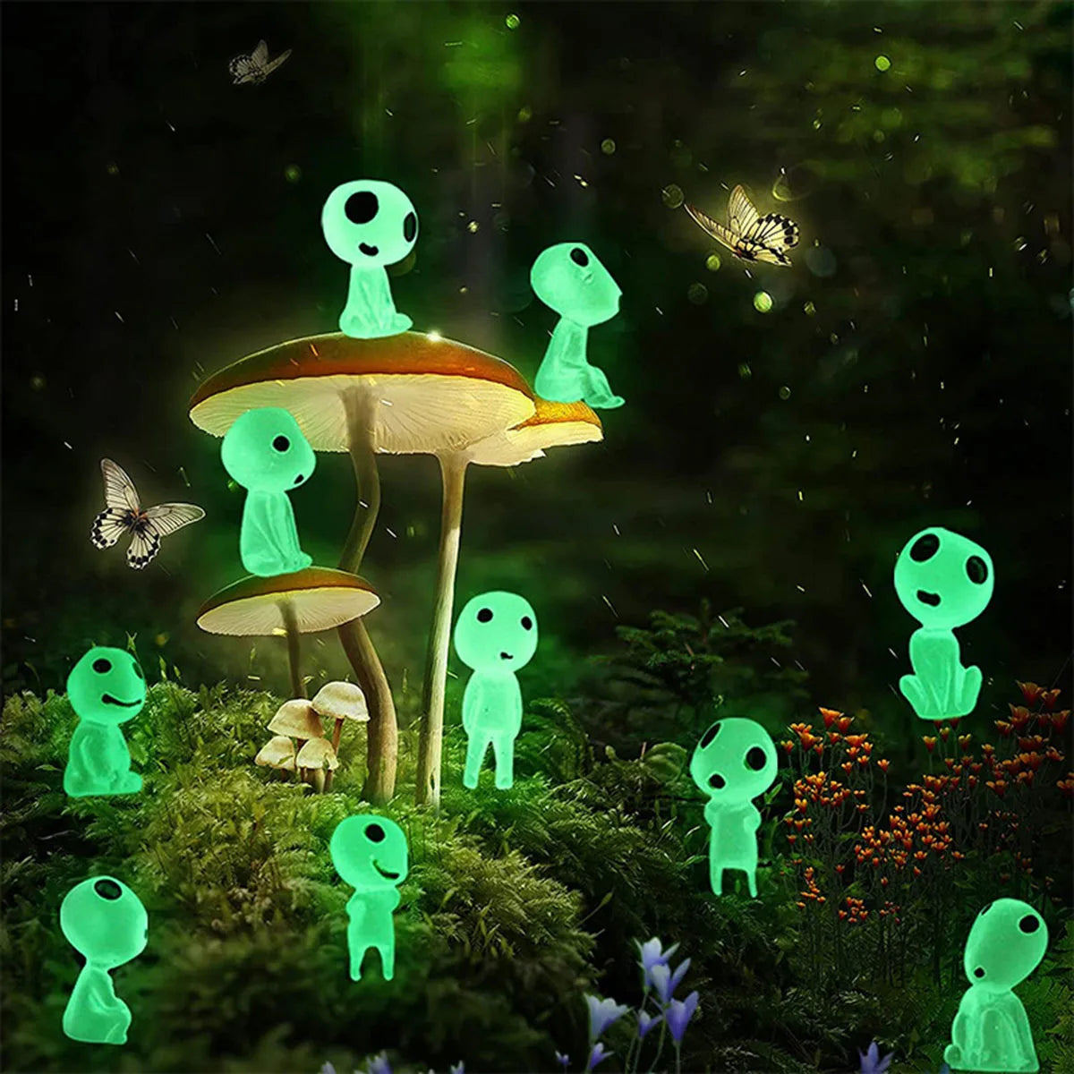 Glow-in-the-dark mini garden ornaments, 10 green alien figures with mushroom stems