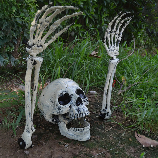 Skeleton skull and hand garden stake decor set in white-gray with detailed fingers
