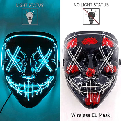 Wireless EL LED purge mask with blue neon face and grin lines, black background
