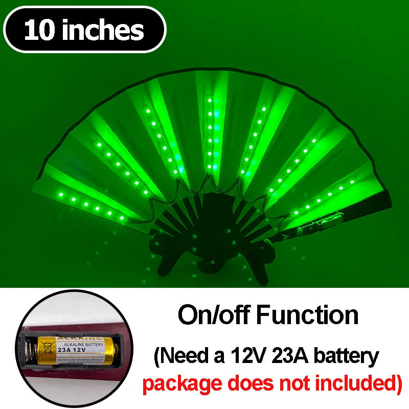 10-inch LED folding hand fan with green glowing light strips and on/off switch