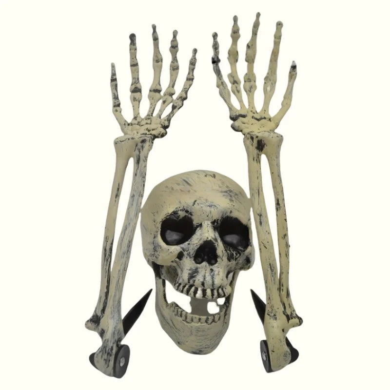 Skull head centerpiece with two skeleton hand stakes, white-gray Halloween garden decor