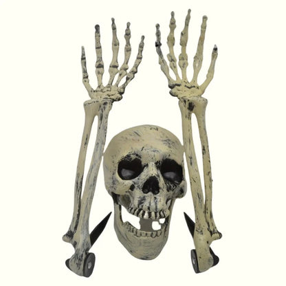 Skull head centerpiece with two skeleton hand stakes, white-gray Halloween garden decor