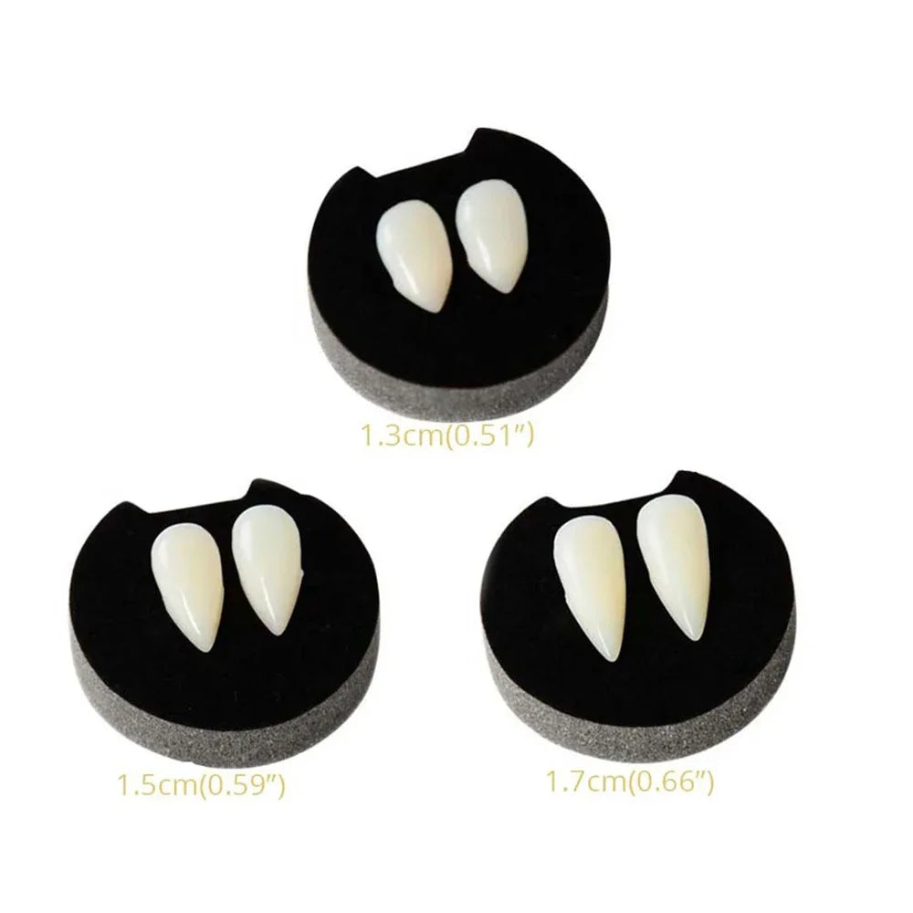 Vampire fang dentures with two ivory fangs on black gum pieces, three size options