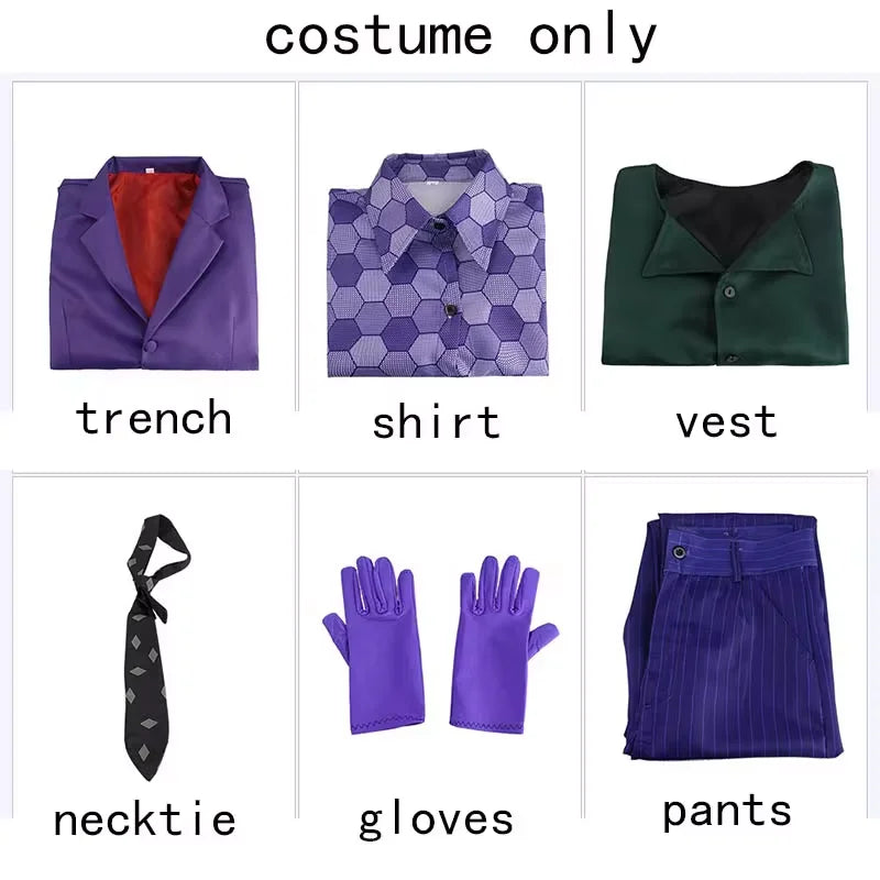 Men's costume set pieces: purple trench, patterned shirt, vest, tie, gloves, striped pants