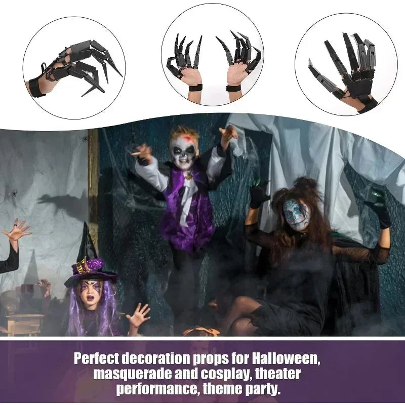 Black articulated claw glove with finger spikes worn on both hands