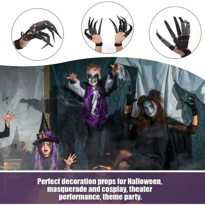 Black articulated claw glove with finger spikes worn on both hands
