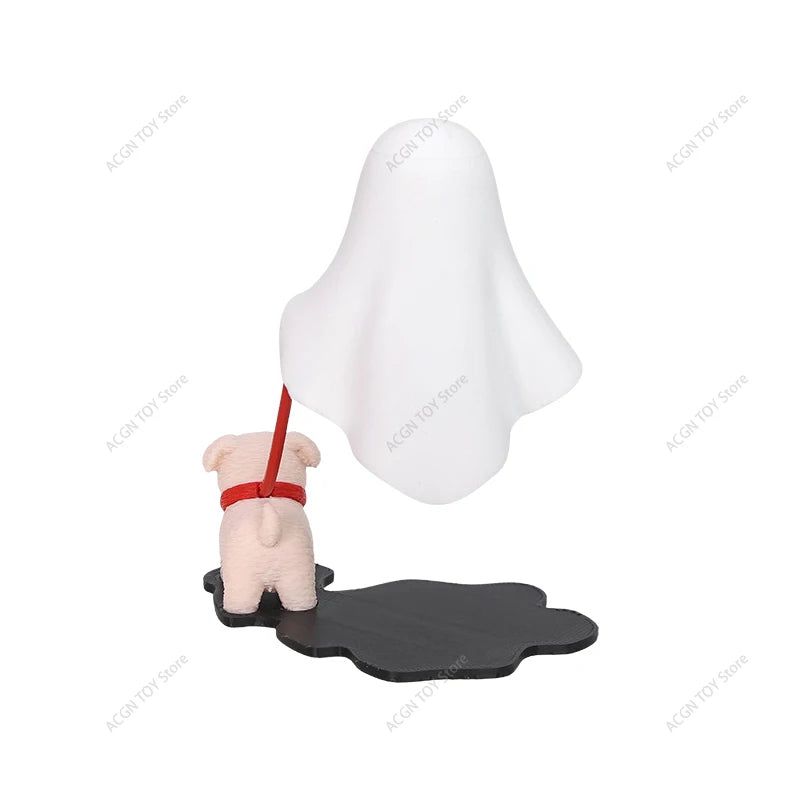 White ghost puppy night light with red cord leash, puppy figure, and black base