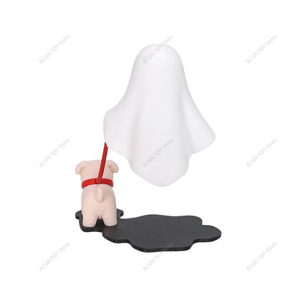 White ghost puppy night light with red cord leash, puppy figure, and black base