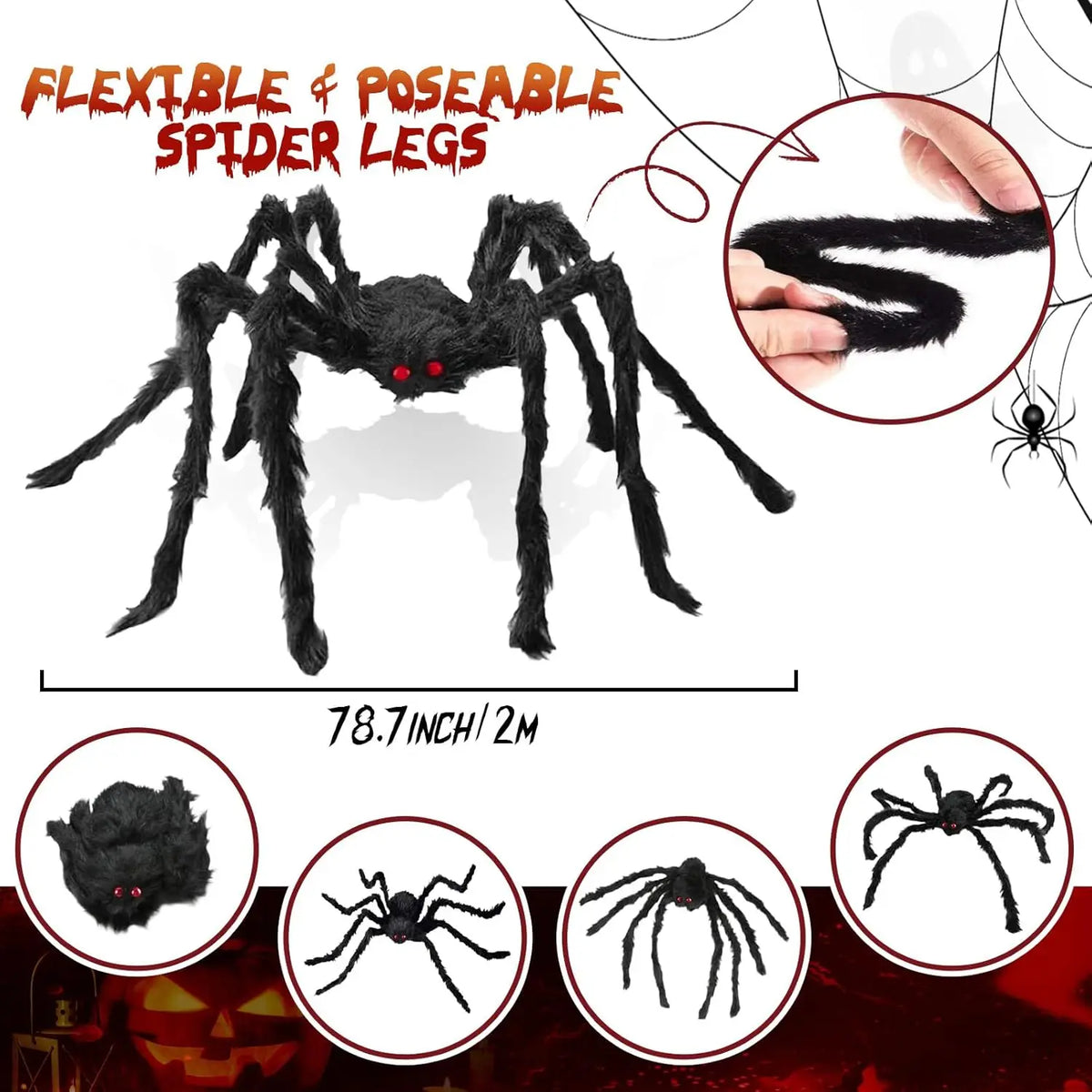Flexible plush black spider decoration with poseable legs and glowing red eyes