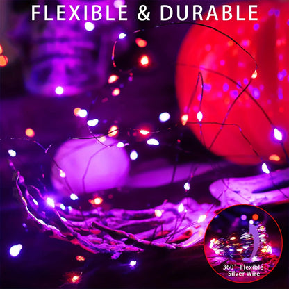 Flexible purple and orange LED string lights on silver-wire loops
