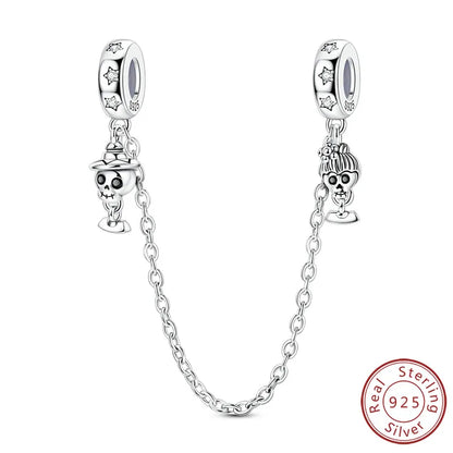 925 sterling silver Halloween charm pair on linked chain with skull figures