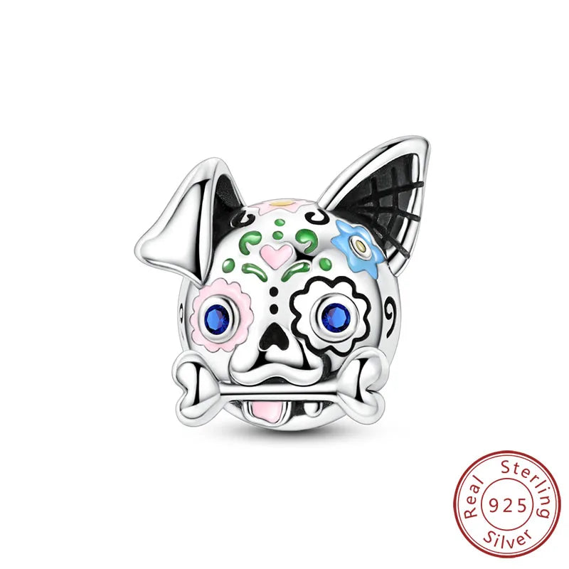 Halloween charm bead in 925 sterling silver with a multicolor dog face design
