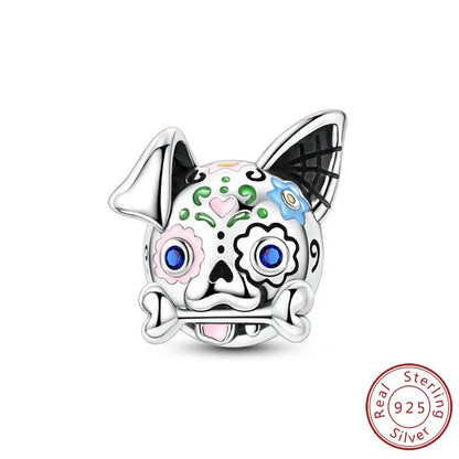 Halloween charm bead in 925 sterling silver with a multicolor dog face design