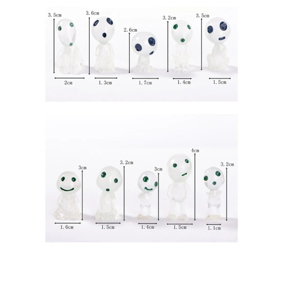 White glow mini figure ornament size chart, multiple measurements for assorted styles