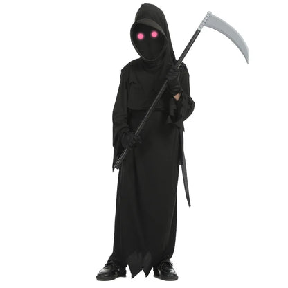 Kids grim reaper robe with hood and glowing pink eyes, holding a gray scythe