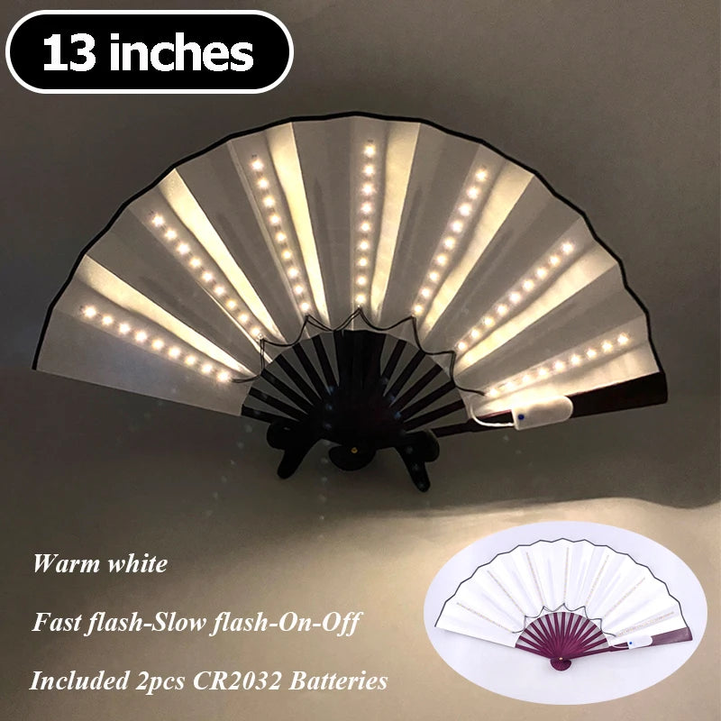 13-inch LED folding hand fan with warm white light strips and black folding handle