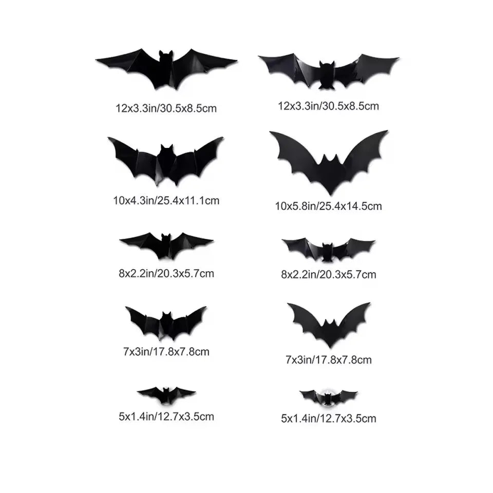 Black bat decal size chart with multiple bat silhouettes and measurements
