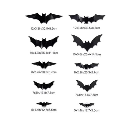 Black bat decal size chart with multiple bat silhouettes and measurements