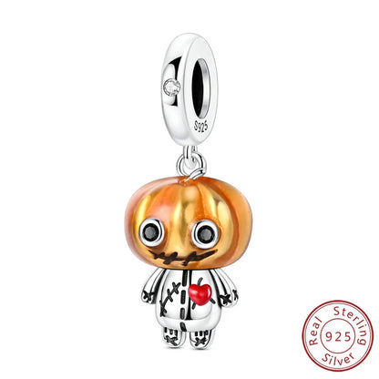 925 sterling silver Halloween charm bead with an orange pumpkin head and a red heart