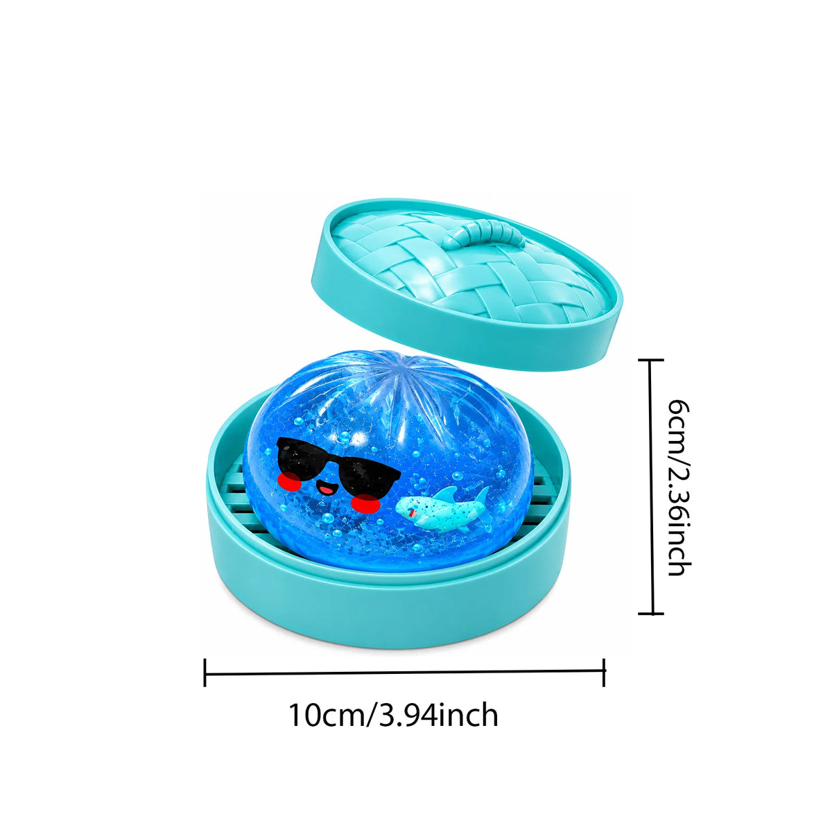 Blue glitter squishy stress toy in teal case with woven lid and face