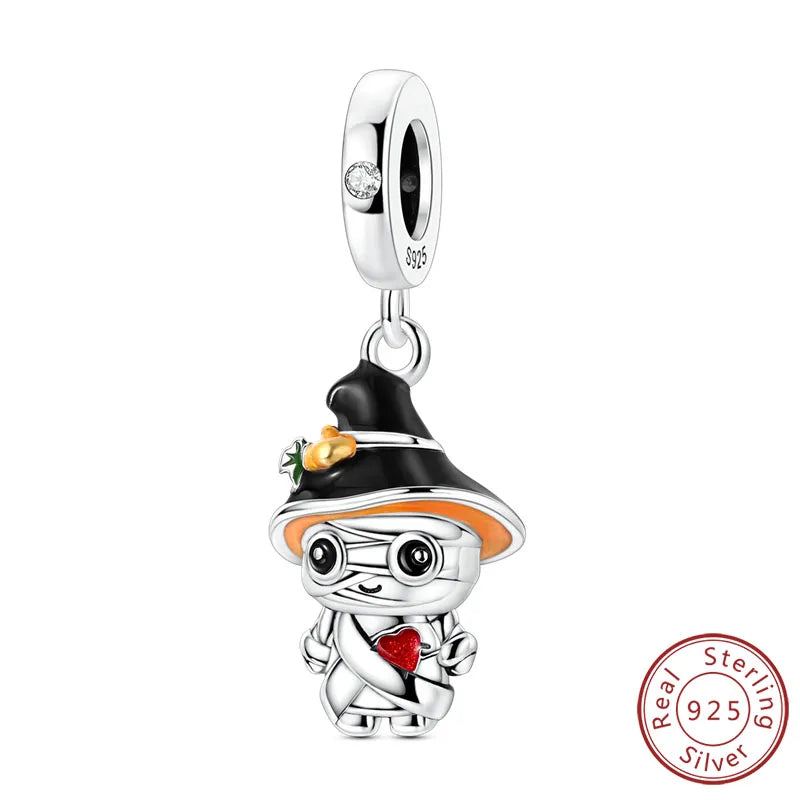 925 sterling silver Halloween charm bead featuring a grinning skeleton in a witch hat