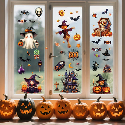 Halloween window decals displayed on three tall windows above a row of carved jack-o'-lantern pumpkins. The decals feature a witch, ghost, skeleton, haunted house, bats, spiders, stars, and the word BOO.