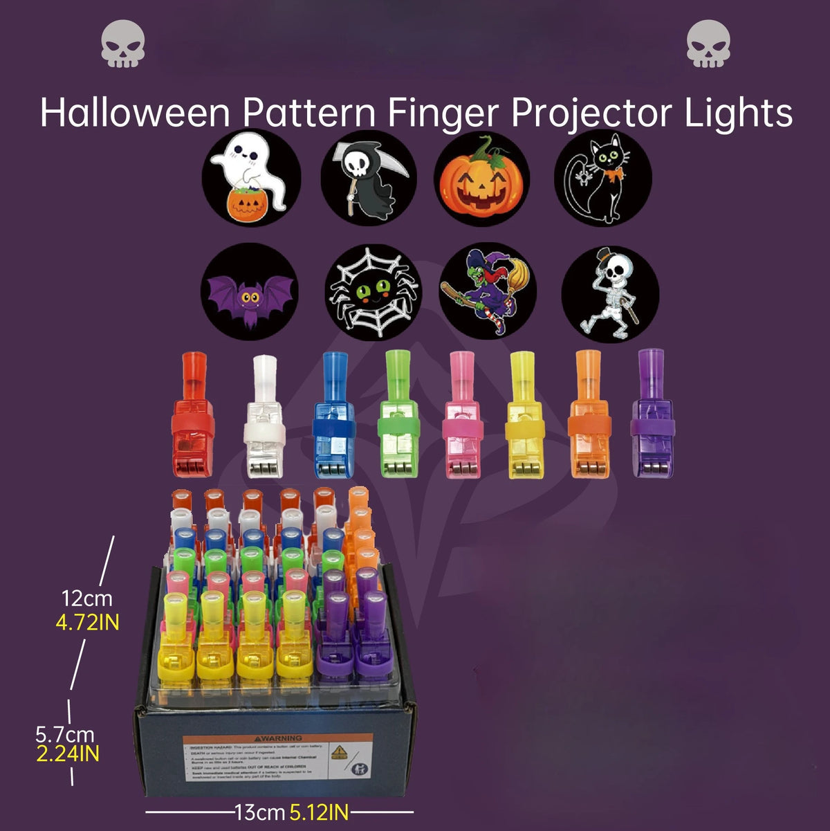 Boxed set of Halloween pattern finger projector lights with multiple color options
