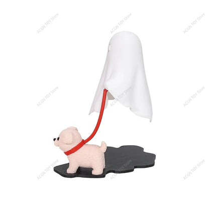 White ghost puppy night light with puppy holding red cord on black base