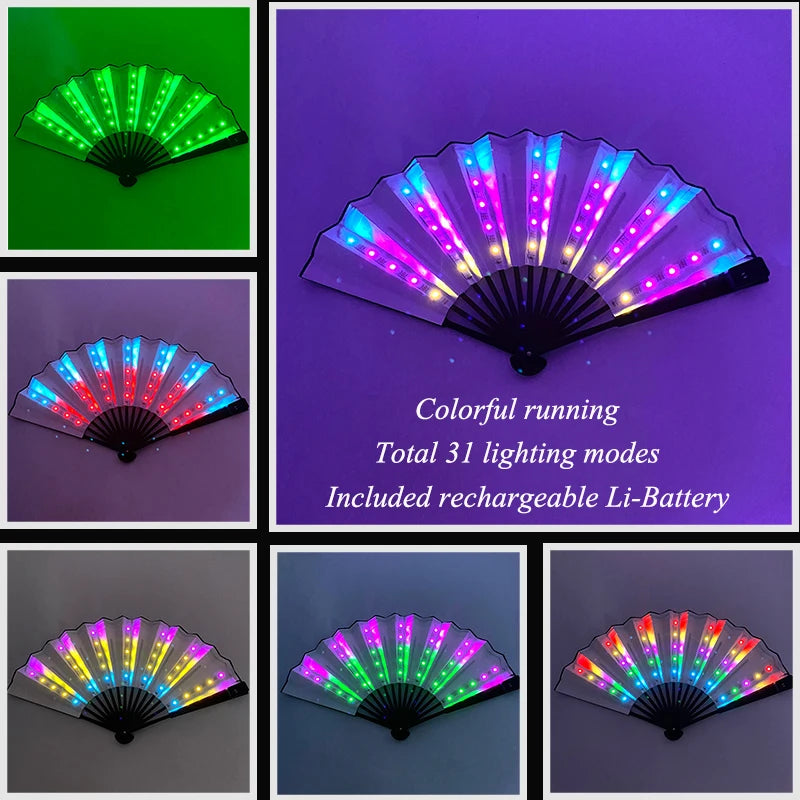 LED folding hand fan showing multicolor running light effects on the light strips