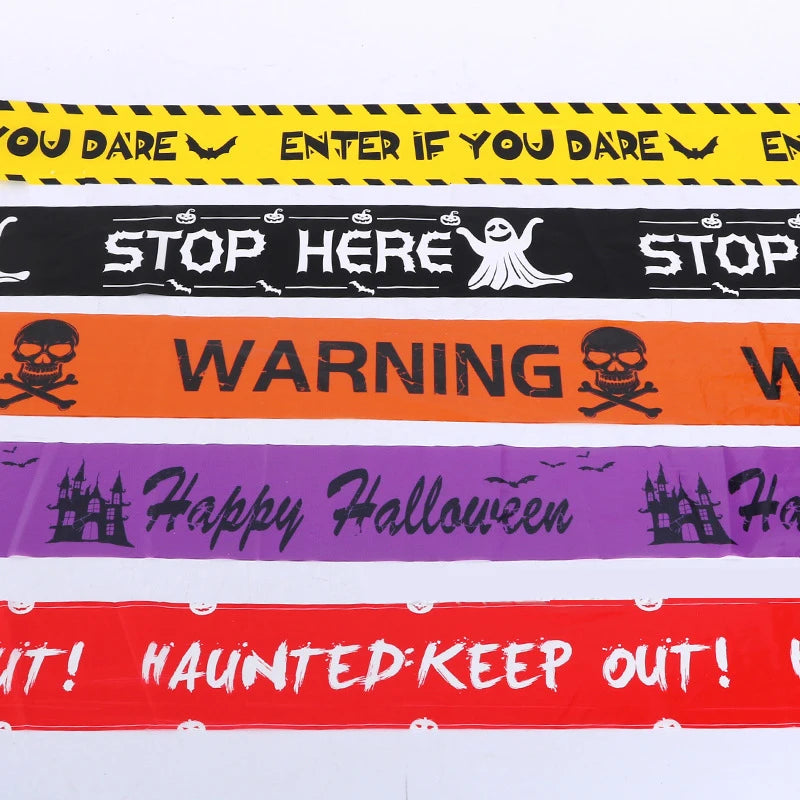 Halloween warning tape set with purple "Happy Halloween" and red "HAUNTED KEEP OUT" strips