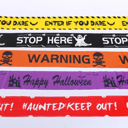 Halloween warning tape set with purple "Happy Halloween" and red "HAUNTED KEEP OUT" strips
