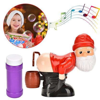 Santa bubble blower toy with purple bottle and brown bubble container, front view