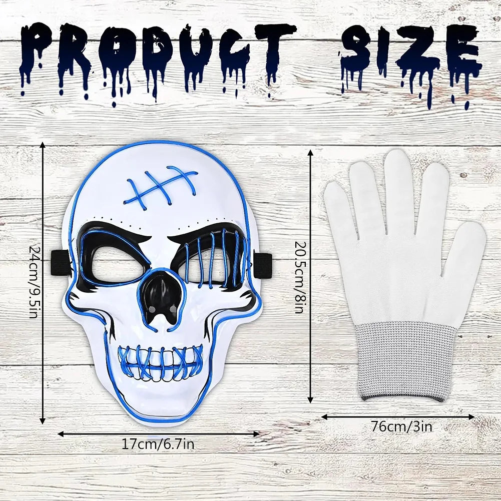 White skeleton skull light-up face mask with blue trim and matching white gloves
