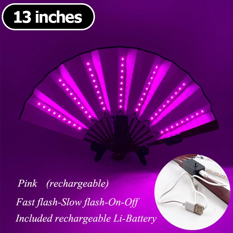 13-inch LED folding hand fan with pink glowing light strips