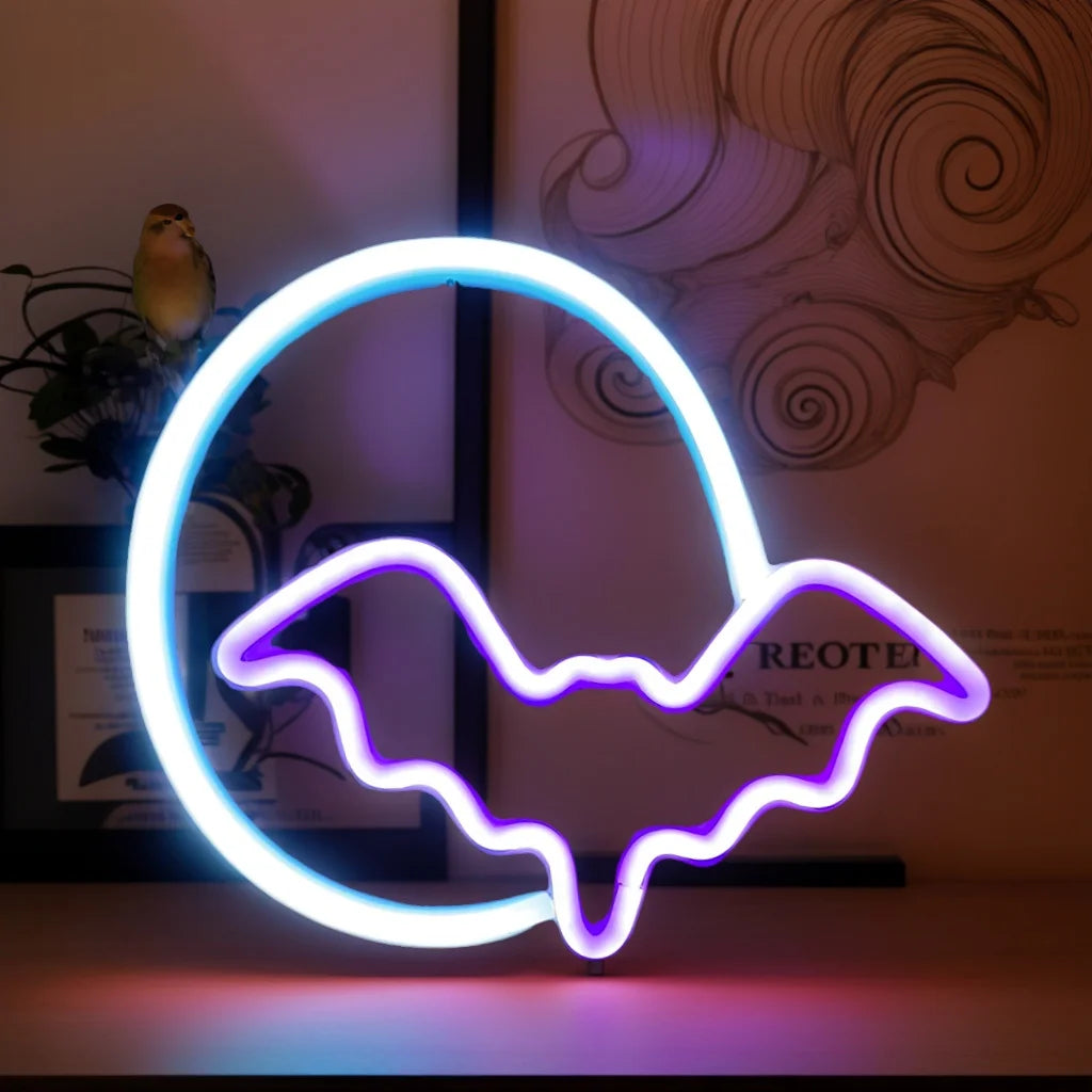 LED neon bat wall decor with circular outline, blue and purple glow